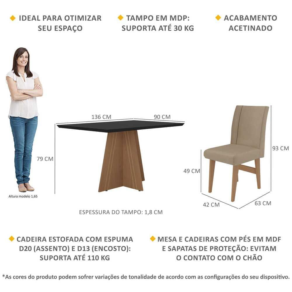 Conjunto Mesa de Jantar 136 cm com 4 cadeiras Denver Multimóveis EX1006 Madeirado/Preto/Mascavo