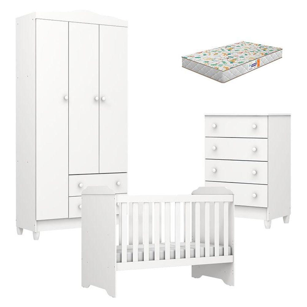 Quarto De Bebê Mel Flat Branco Brilho Com Colchão Gazin - Carolina