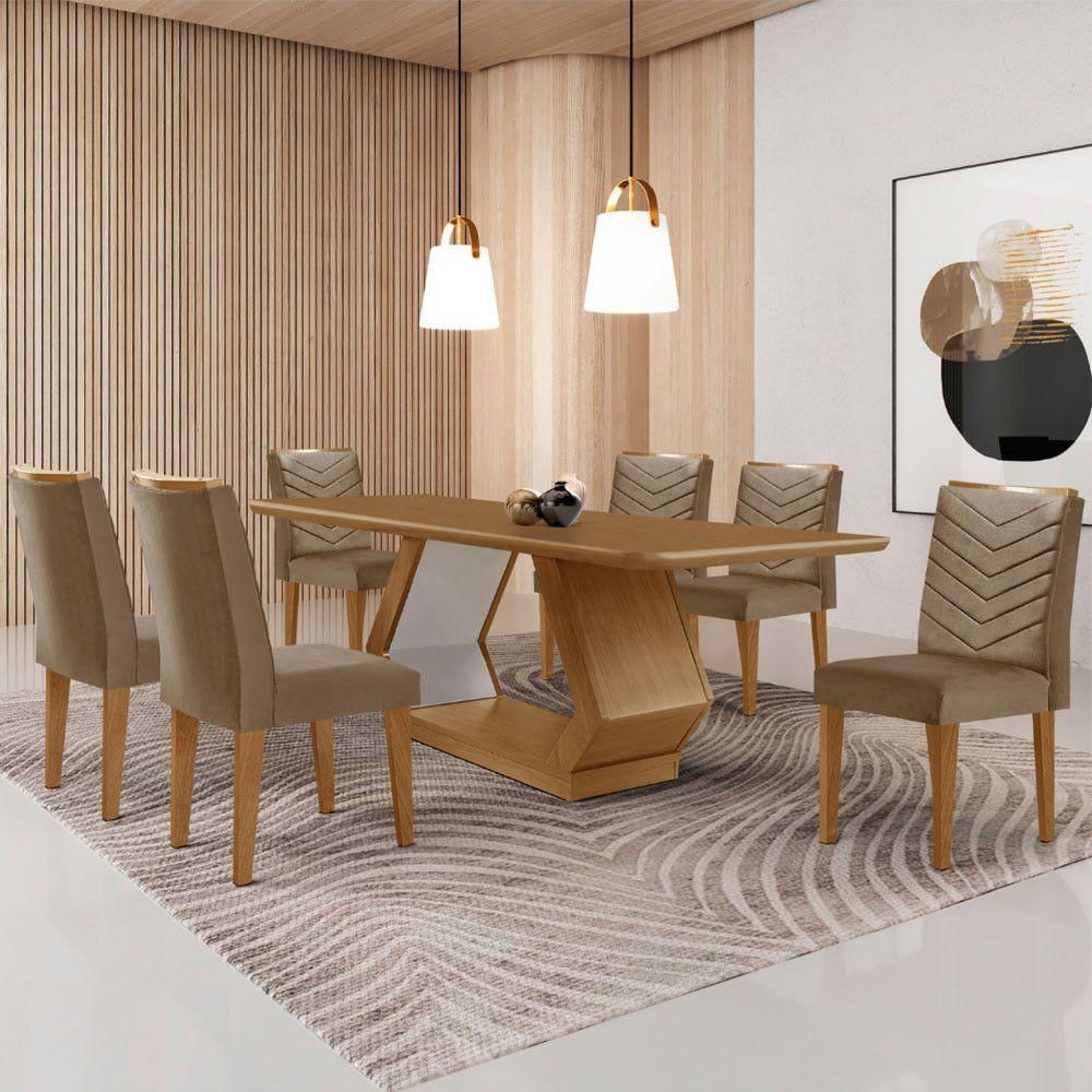 Mesa Sala De Jantar Alvorada 180cm E 6 Cadeiras Liz Moderna Veludo Capuccino Off White Imbuia