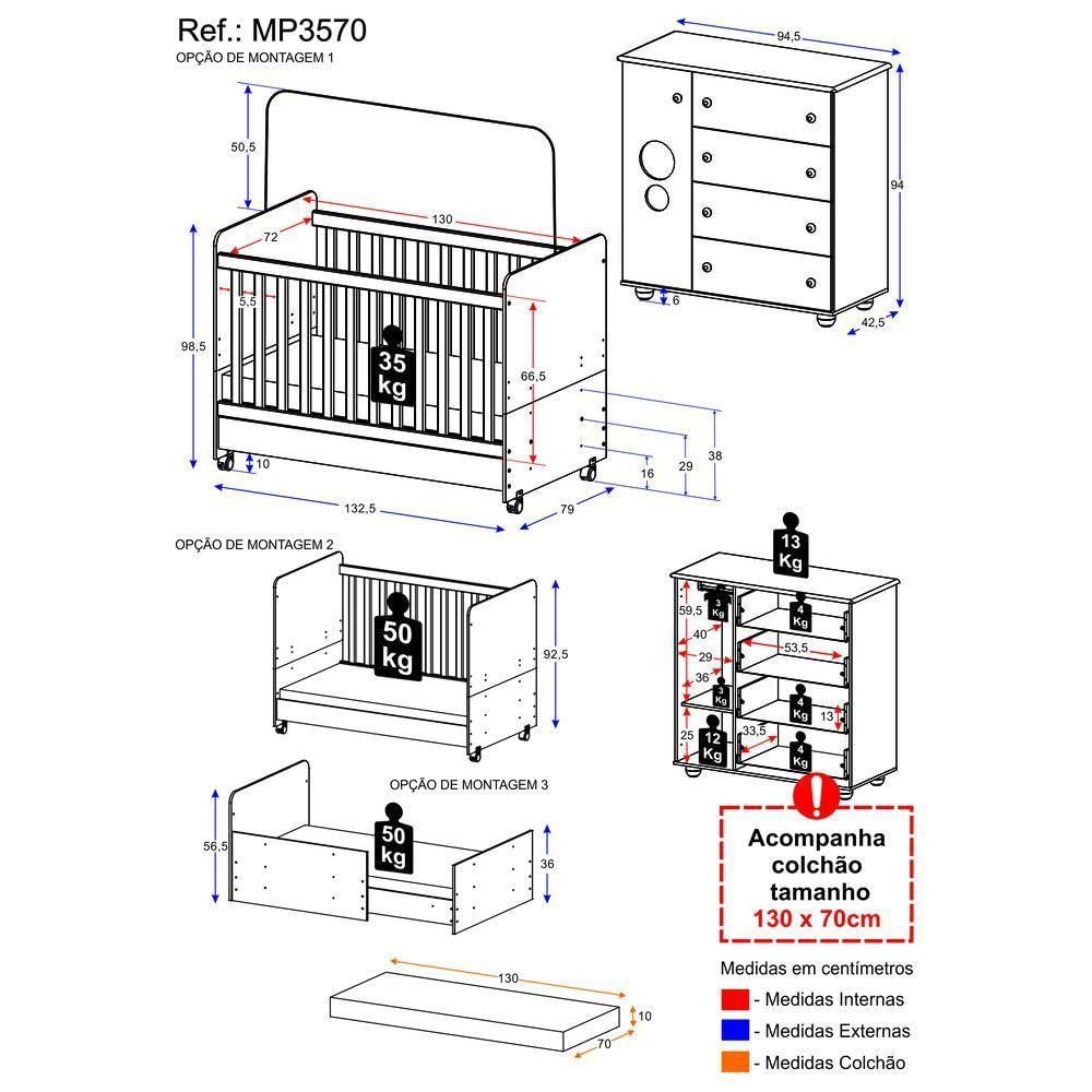 Quarto Infantil Berço Com Colchão Incluso E Cômoda Pimpolho Multimóveis Branco