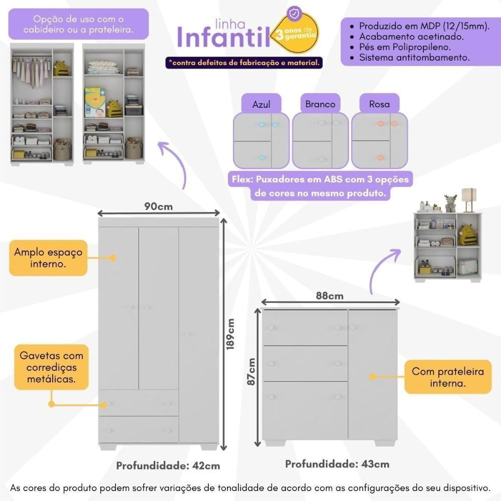 Guarda-roupas 3 Portas 2 Gavetas Com Cômoda 1 Porta 3 Gavetas Algodão Doce Multimóveis Mp4251 Branco