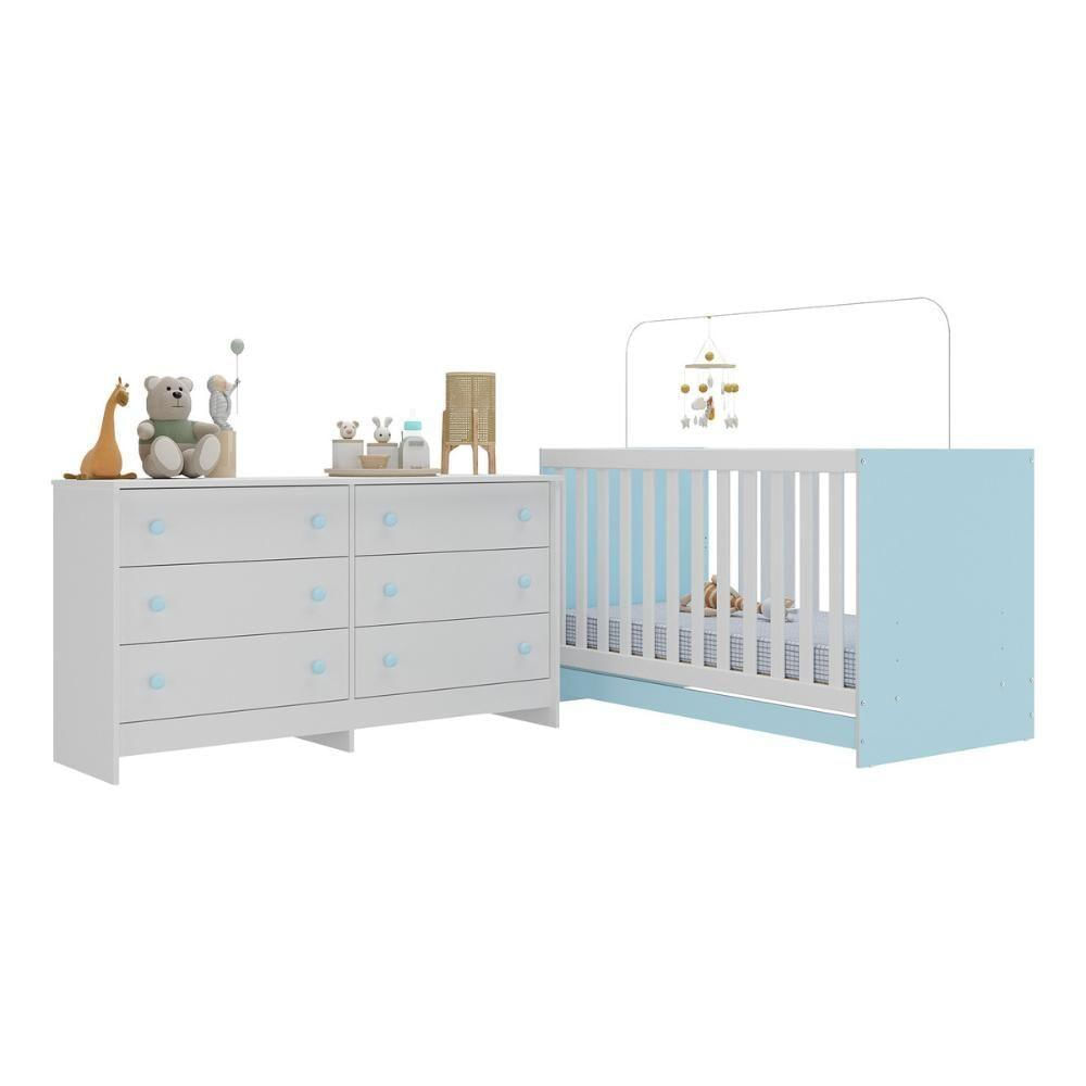 Berço 3 Em 1 Para Colchão 130 X 60cm Com Cômoda Doce De Leite Multimóveis Branco Azul