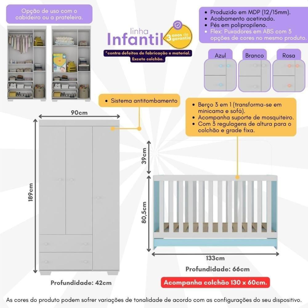 Quarto Infantil Com Berço Colchão Incluso E Guarda-roupas Algodão Doce Multimóveis Mp4248 Branco/azul