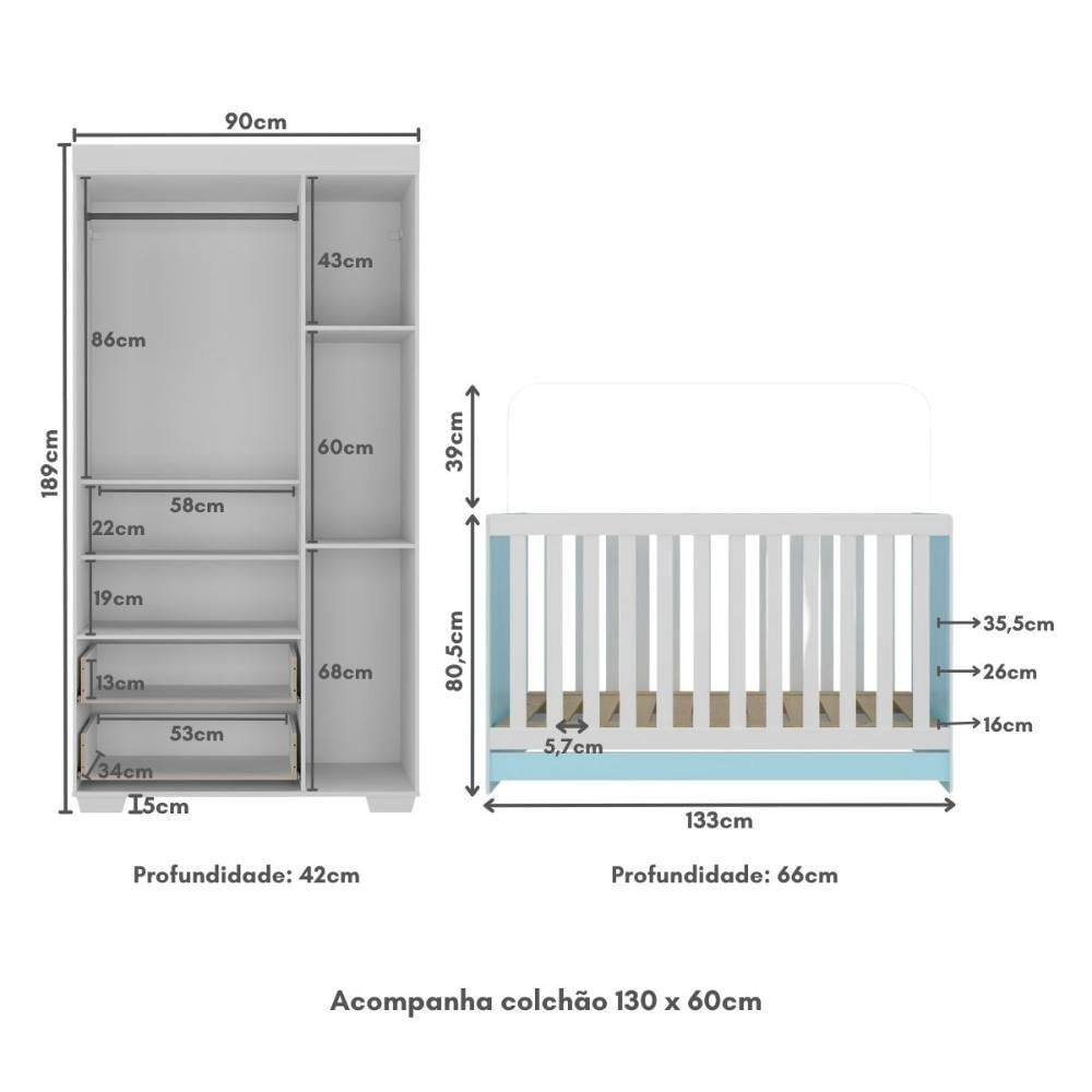 Quarto Infantil Com Berço Colchão Incluso E Guarda-roupas Algodão Doce Multimóveis Mp4248 Branco/azul