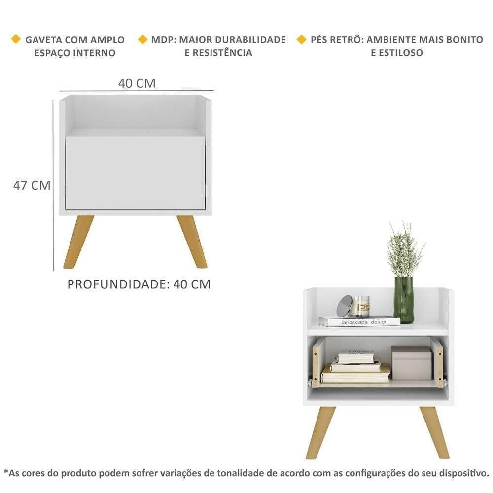 Kit Com 2 Mesas De Cabeceira 40Cm Retrô Multimóveis V4044 Branca/Natural Branco/Natural