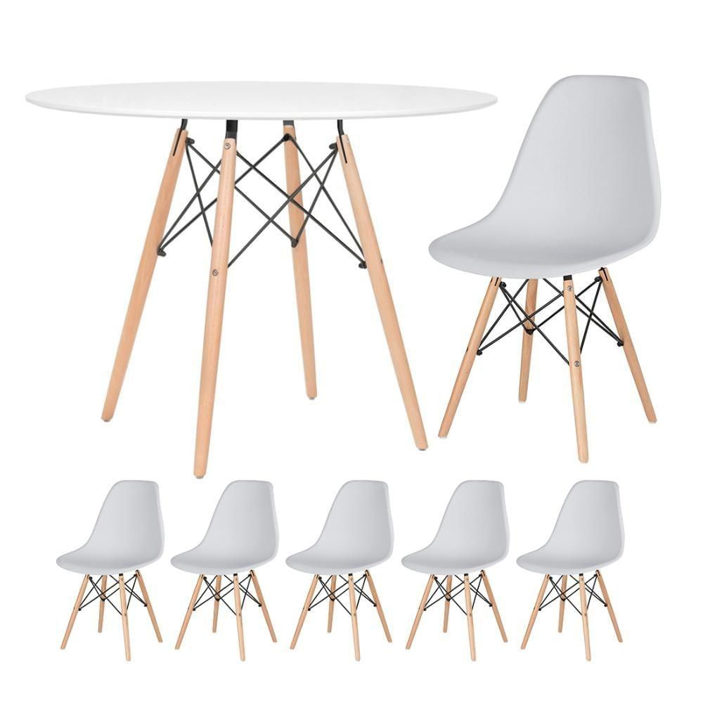 Mesa Redonda Eames 100cm Branco + 5 Cadeiras Cinza Claro