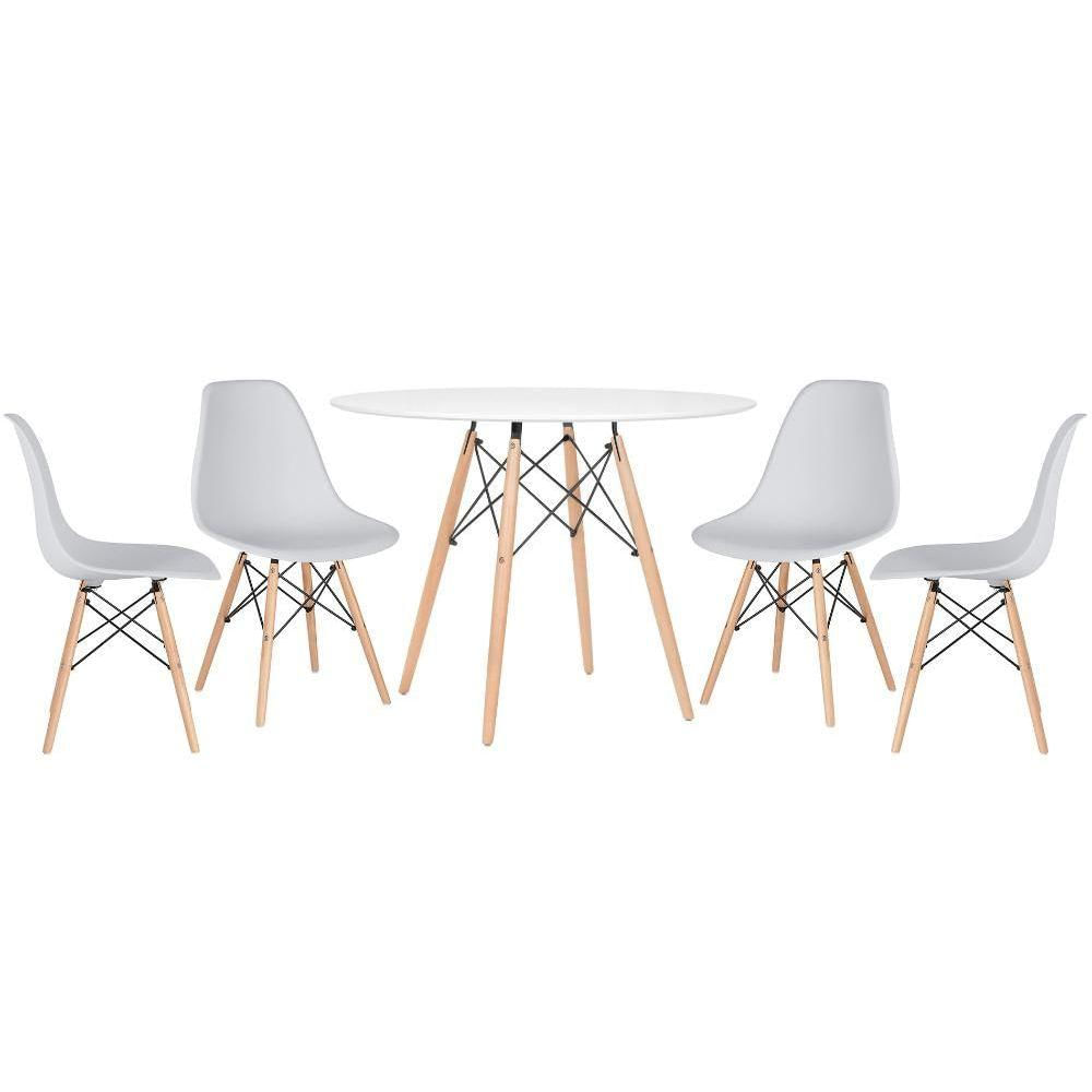 Mesa Redonda Eames 100cm Branco + 4 Cadeiras Cinza Claro