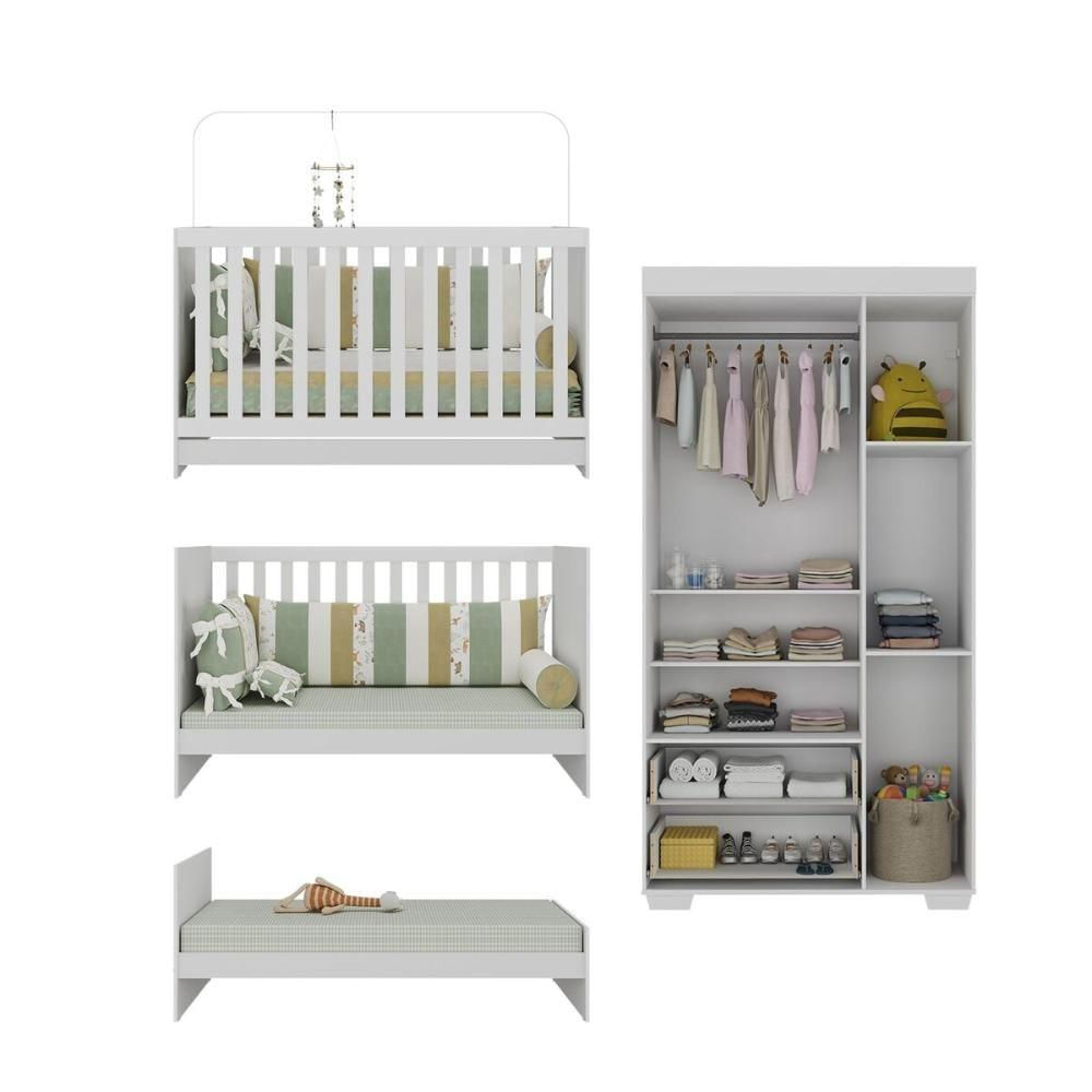 Quarto Infantil Com Berço 3 Em 1 E Guarda-roupas Algodão Doce Multimóveis Mp4247 Branco