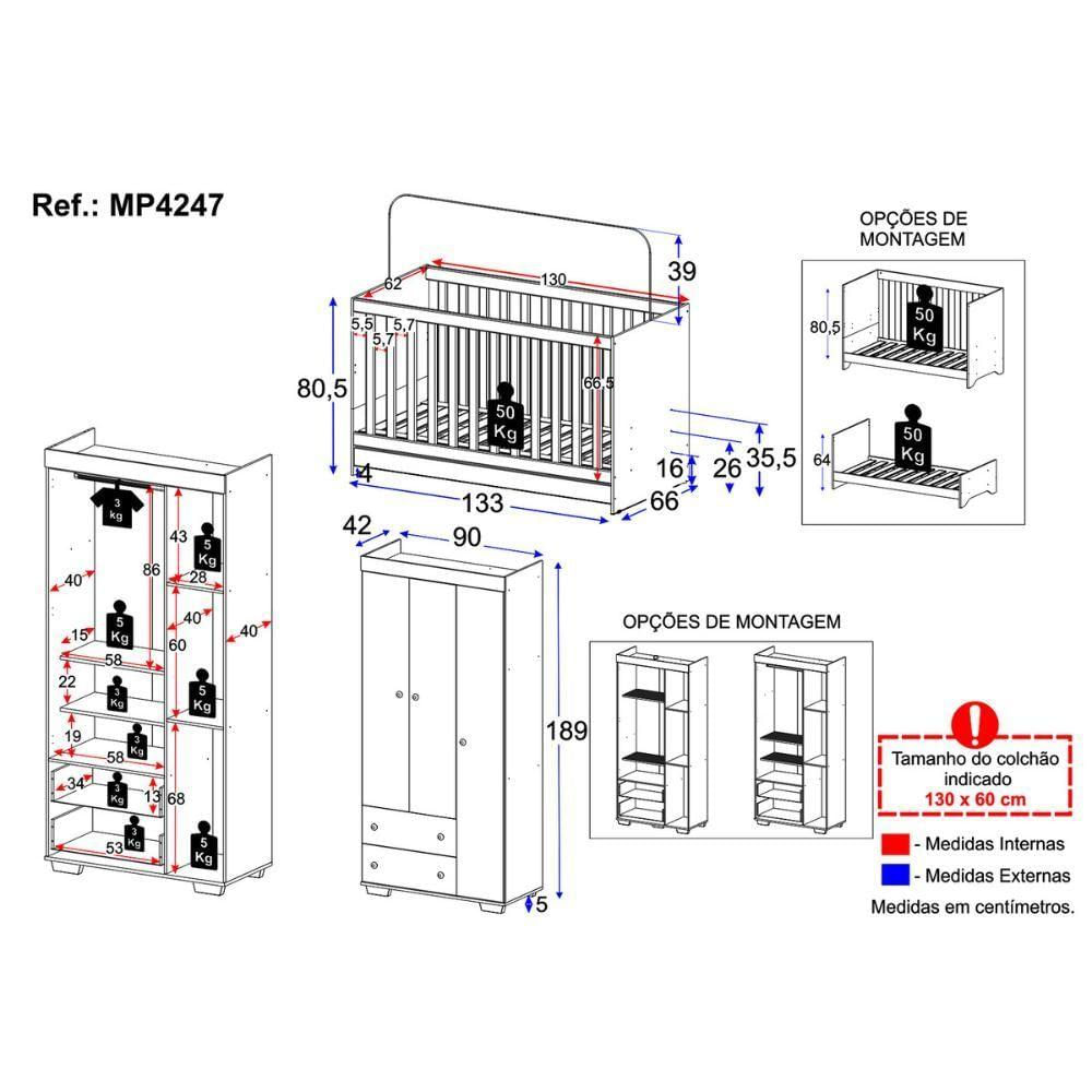 Quarto Infantil Com Berço 3 Em 1 E Guarda-roupas Algodão Doce Multimóveis Mp4247 Branco