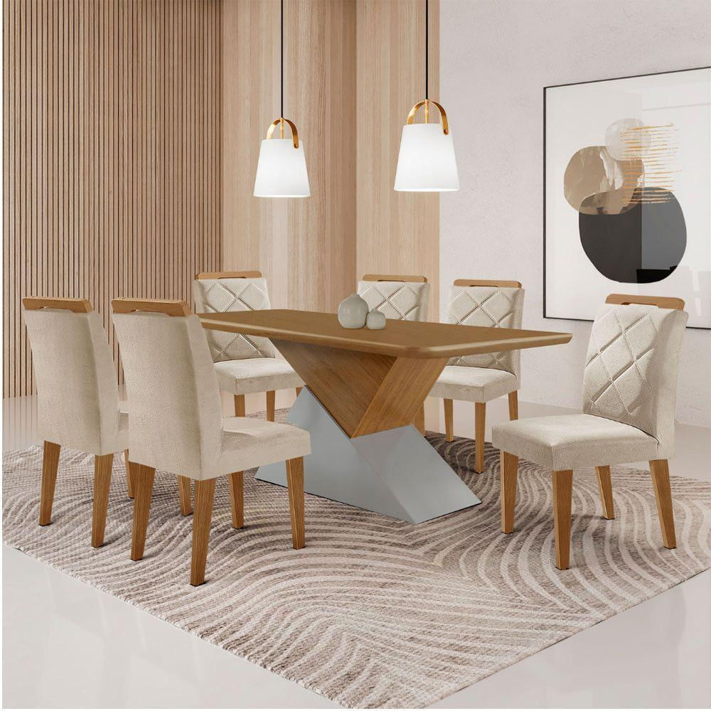 Mesa Sala De Jantar Aster 180cm E 6 Cadeiras Melissa Moderna Veludo Creme Off White Imbuia