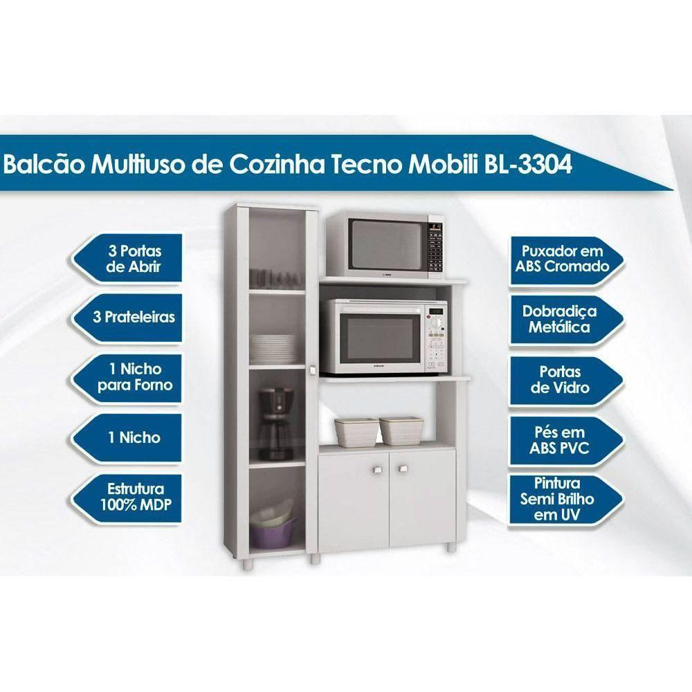 Balcão Multiuso Cozinha Bl-3304 C/ 3 Portas E Nicho P/ Microondas 96cm Branco - Tecno Mobili