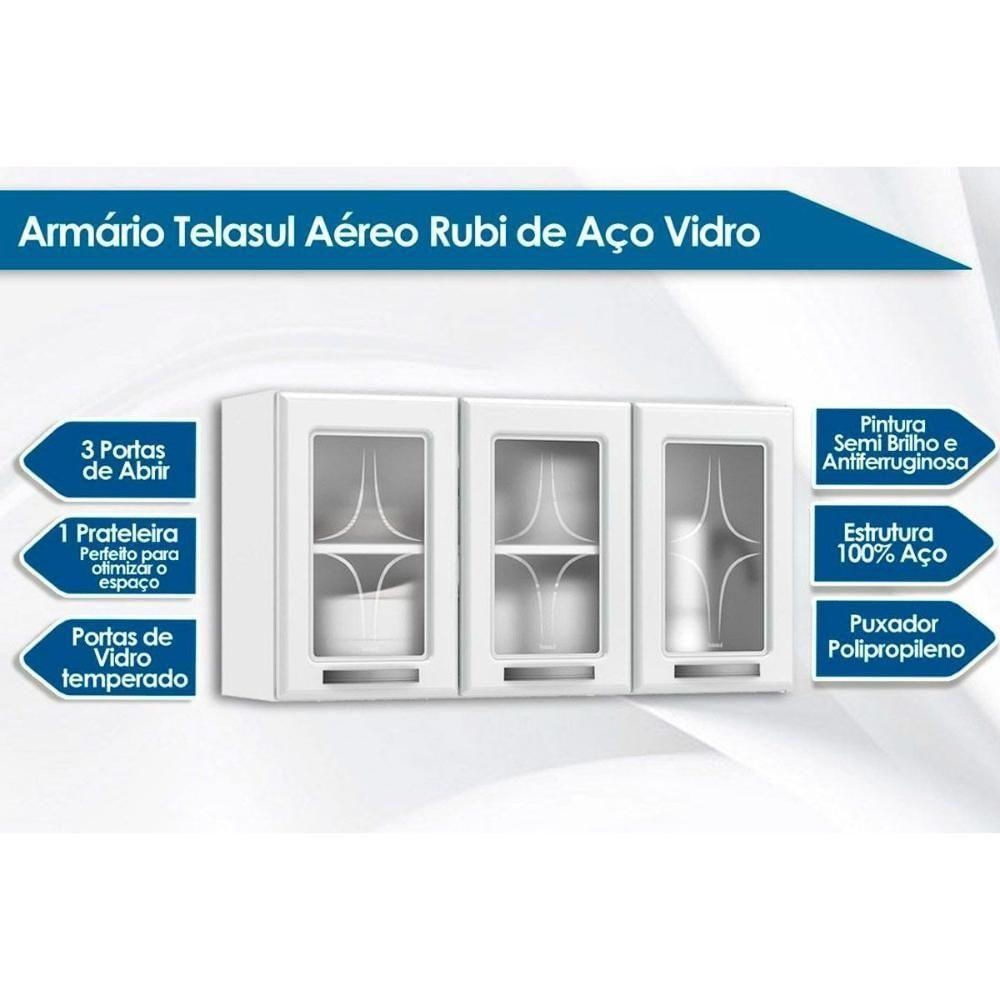 Armário Aéreo P/ Cozinha Rubi 3 Portas C/vidro 105cm Branco/preto - Telasul