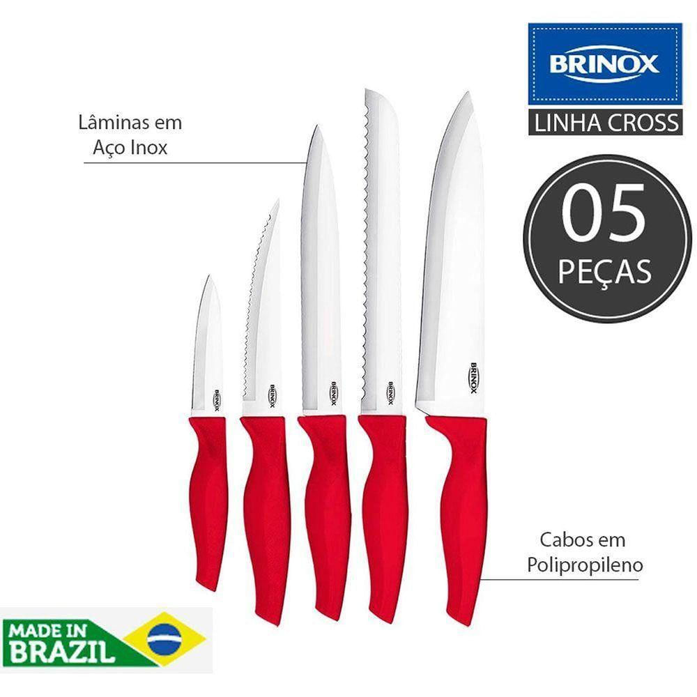 Jogo De Facas 5 Peças Em Aço Inox Com Cabo Em Polipropileno Cross - Brinox Vermelho 2556/376