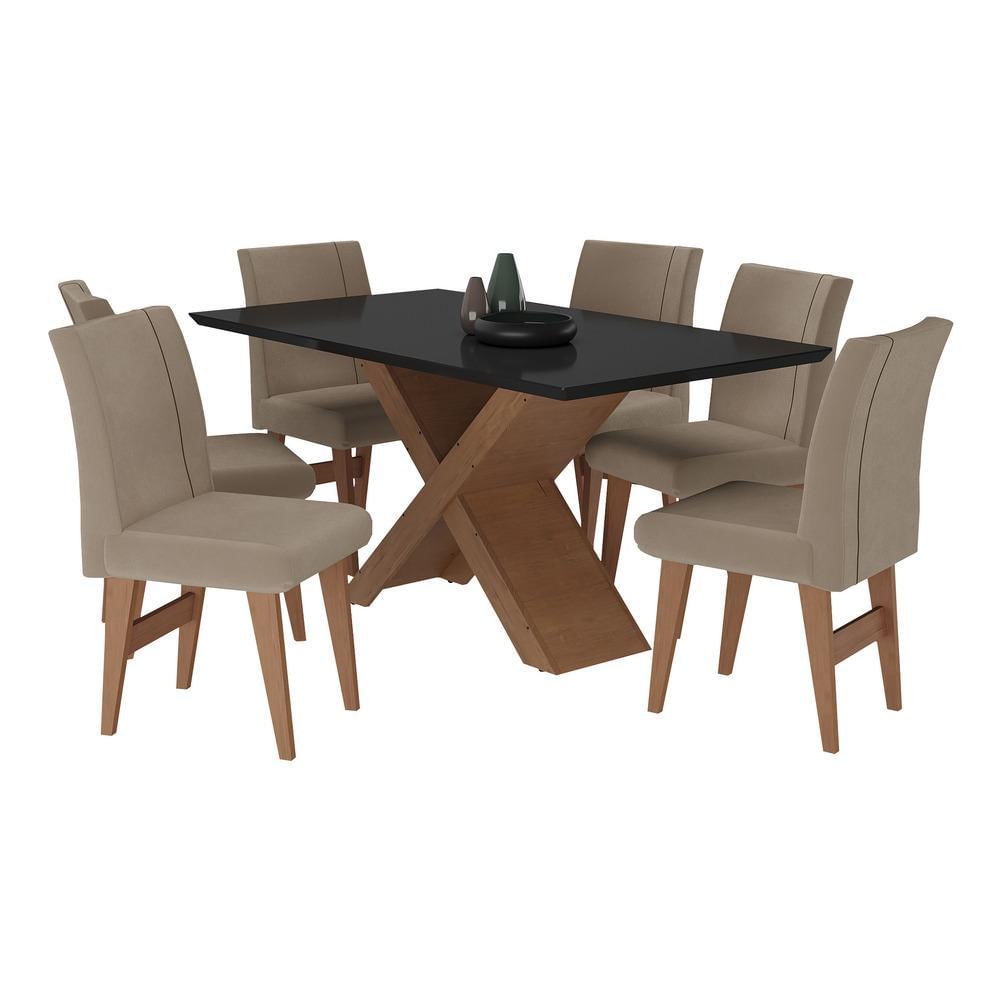 Conjunto Mesa de Jantar 160 cm com 6 cadeiras Lisboa Multimóveis EX1008 Madeirado/Preto/Mascavo