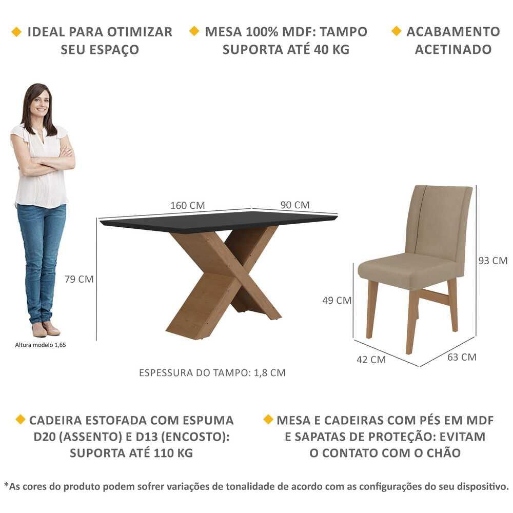 Conjunto Mesa de Jantar 160 cm com 6 cadeiras Lisboa Multimóveis EX1008 Madeirado/Preto/Mascavo