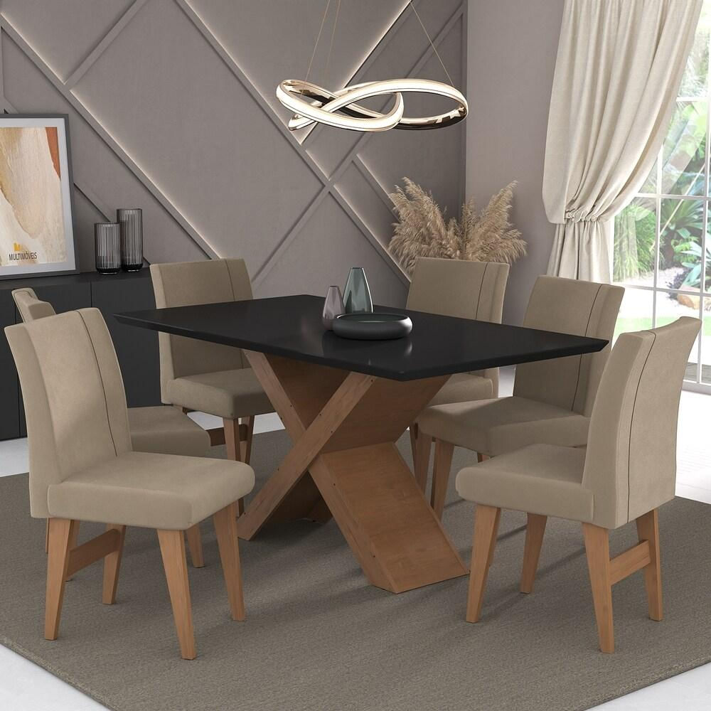 Conjunto Mesa de Jantar 160 cm com 6 cadeiras Lisboa Multimóveis EX1008 Madeirado/Preto/Mascavo