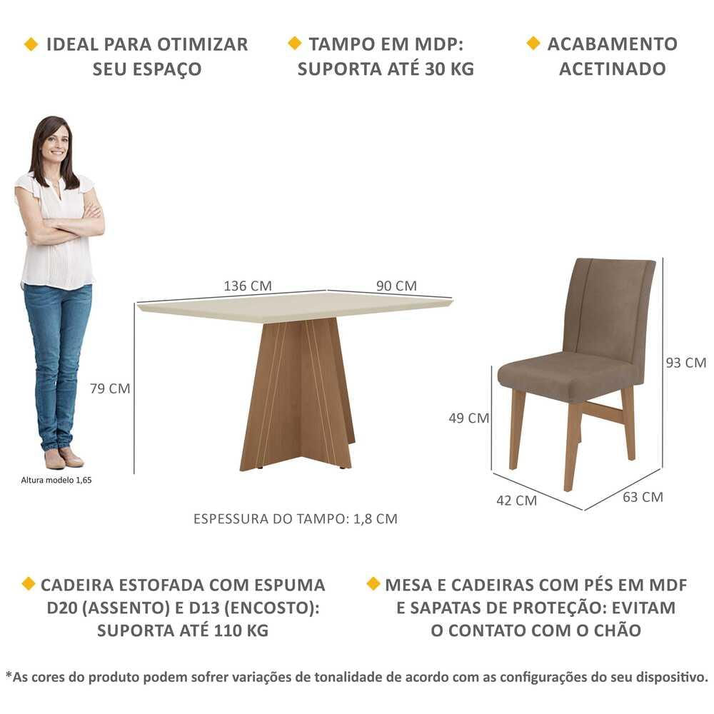 Conjunto Mesa de Jantar 136 cm com 4 cadeiras Denver Multimóveis EX1006 Madeirado/Off White/Castor