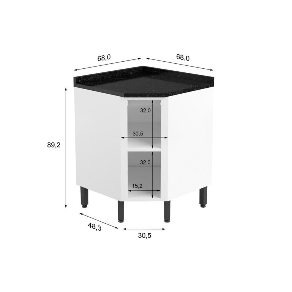 Balcão De Cozinha Canto Oblíquo Gourmet 1 Porta C/ Tampo 68cm Branco - Bertolini