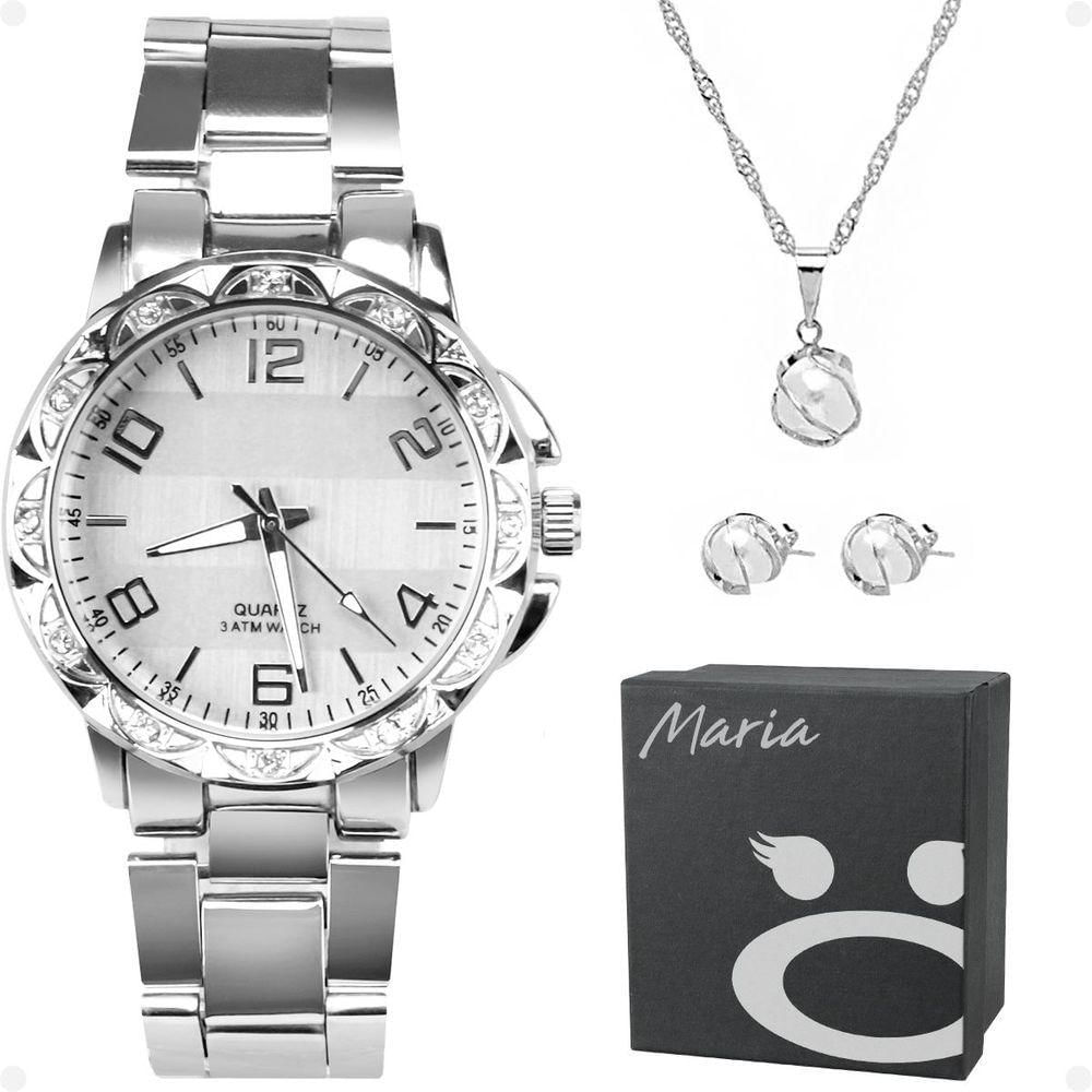 Relógio Feminino Aço Inox Strass + Brincos + Caixa Ponteiro Qualidade Premium Original Perola Casual