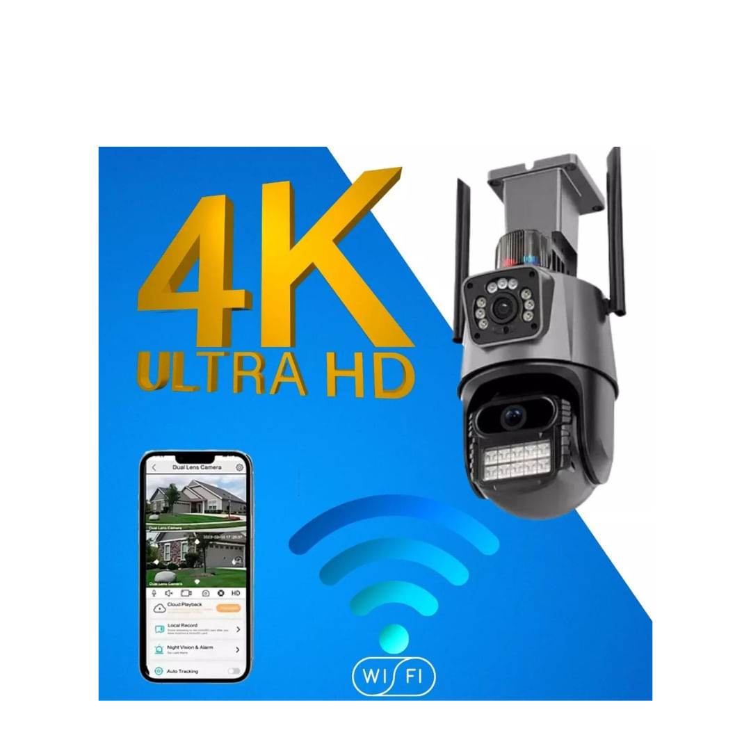 Câmera De Segurança Externa Lente Dupla 4k Led Sirene Policial Cartão 64gb