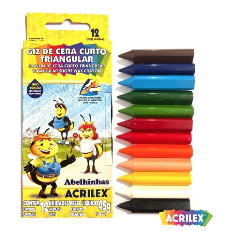 Acrilex Giz de Cera Curto Triangular C/ 12 cores