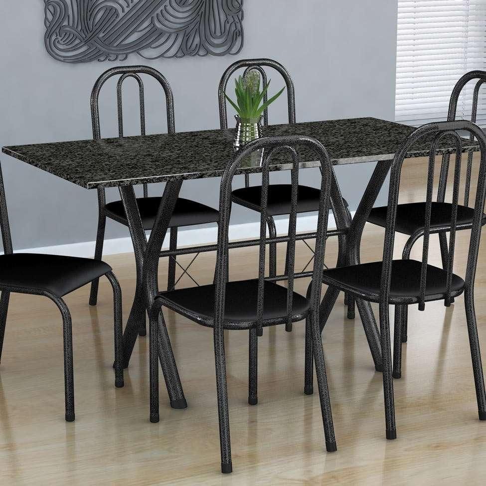 Conjunto de Mesa Miame com 6 Cadeiras Madri Preto Prata e Cinza Liso