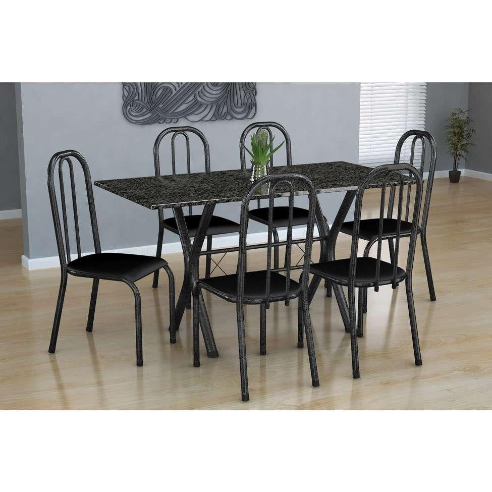 Conjunto de Mesa Miame com 6 Cadeiras Madri Preto Prata e Cinza Liso