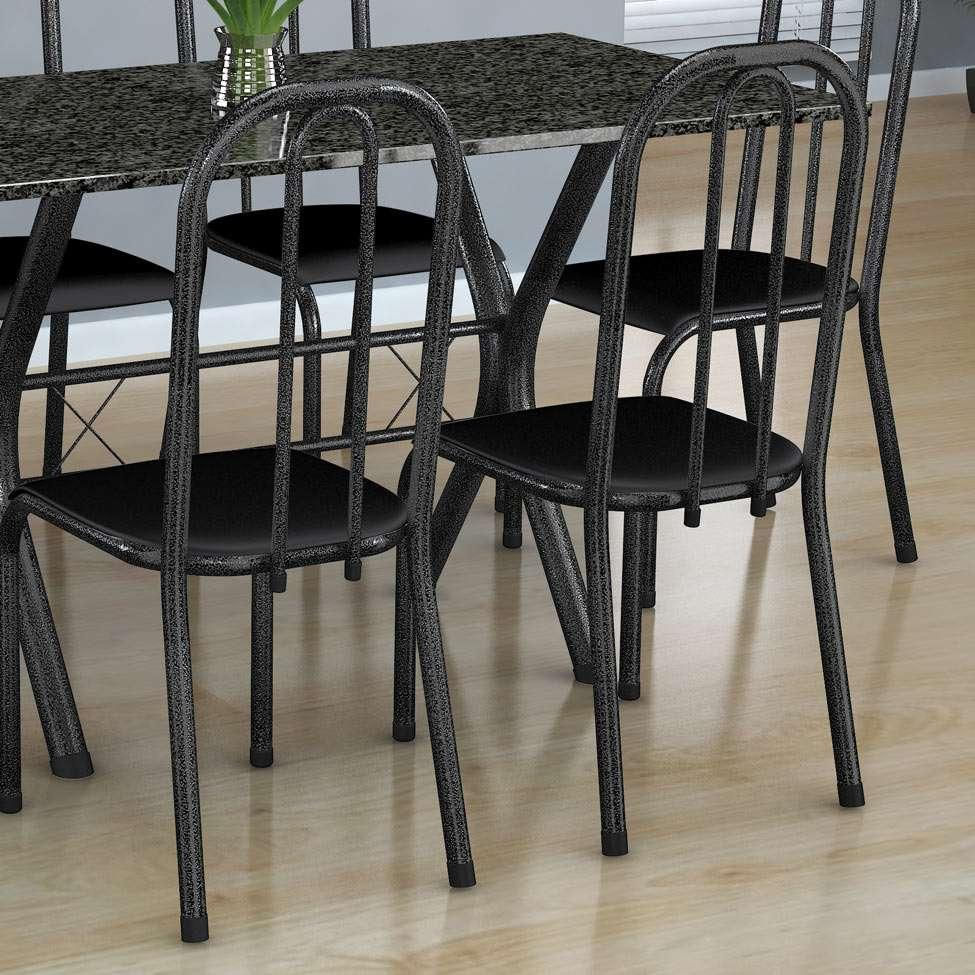 Conjunto de Mesa Miame com 6 Cadeiras Madri Preto Prata e Cinza Liso