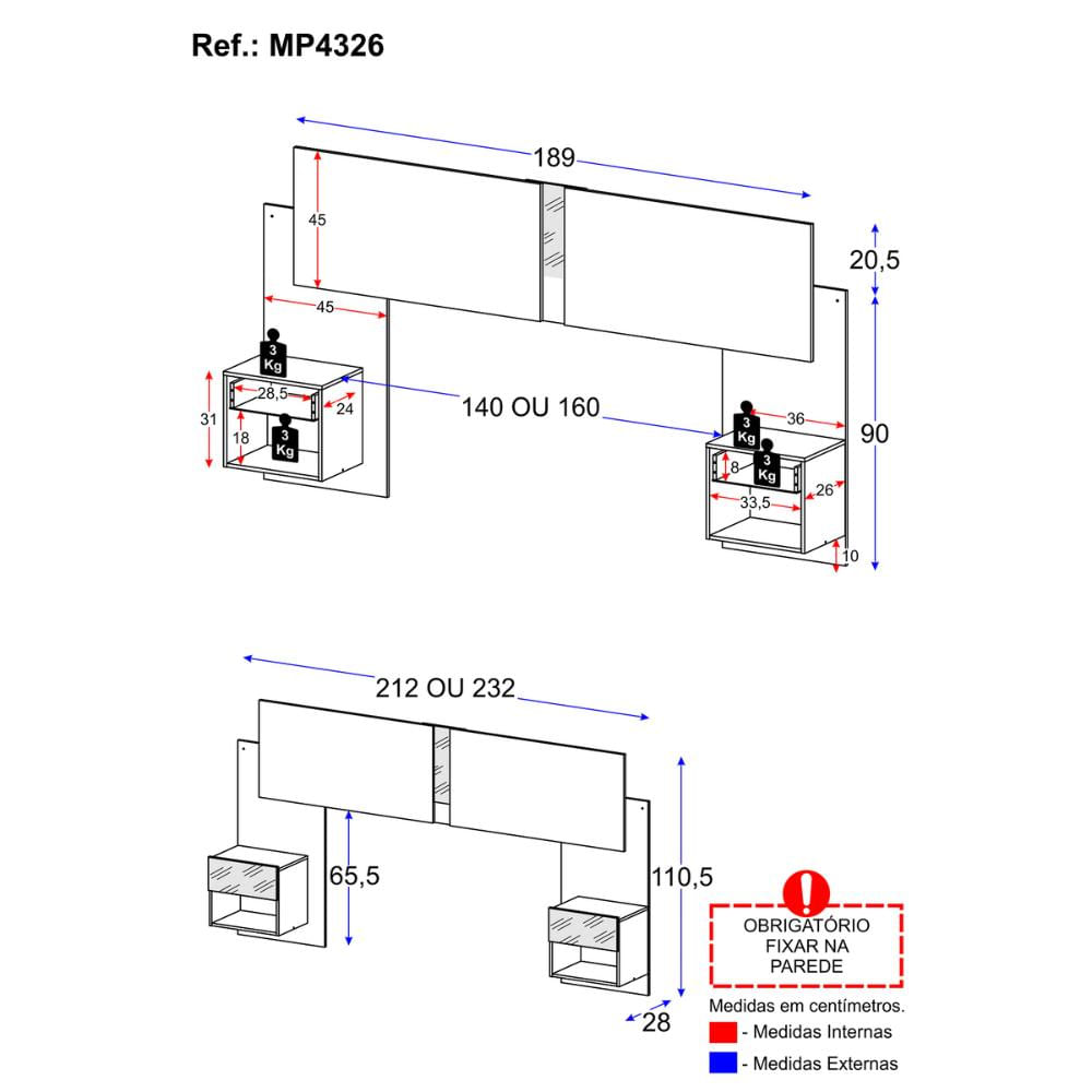 Cabeceira Casal/Queen com Espelhos e 2 Mesas de Cabeceira 232cm Multimóveis MP4326 MADEIRAS