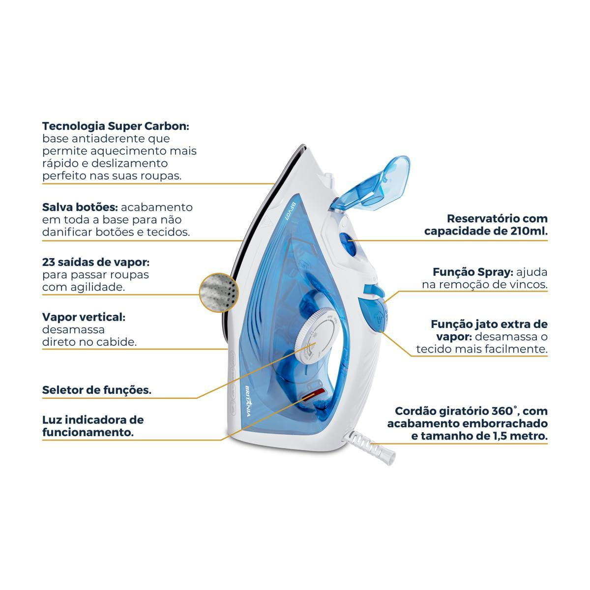 Ferro de Passar a Vapor Britânia 210ml Base Antiaderente BFV07 127V