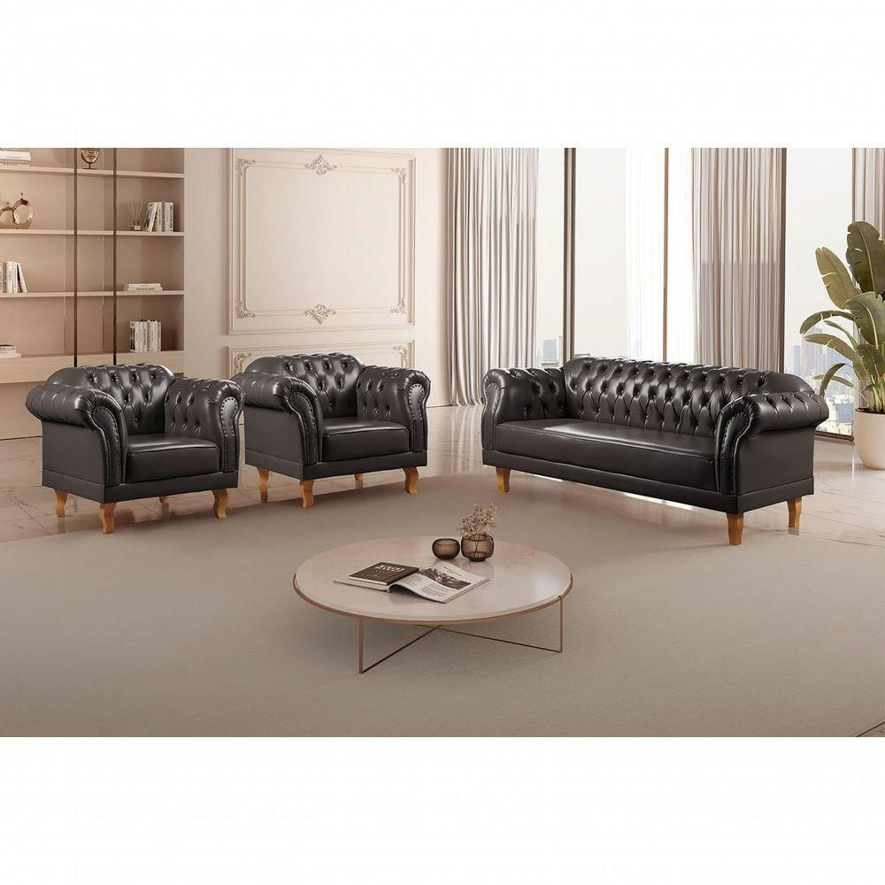 Conjunto Sofá Chesterfield 3 Lugares + 2 Poltronas couro Ecológico Preto 300