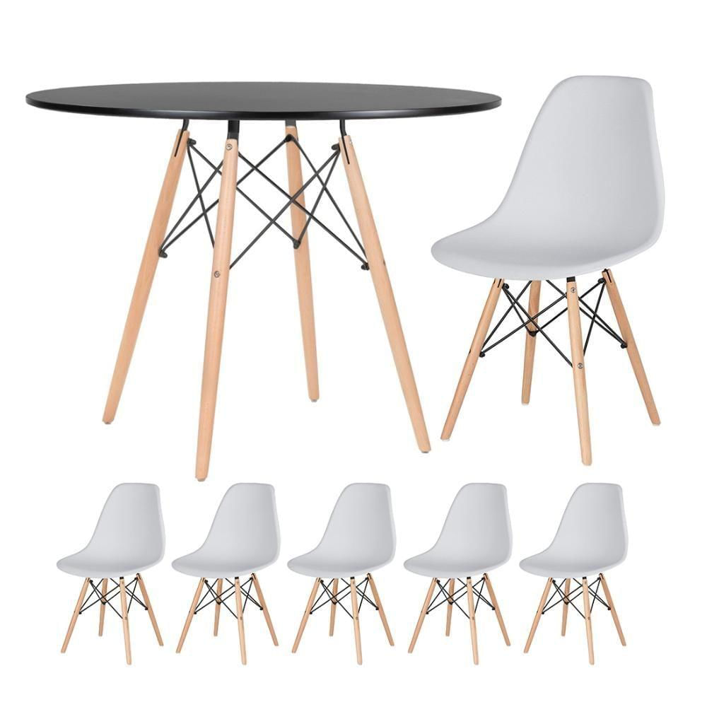 Mesa Redonda Eames 100cm Preto + 5 Cadeiras Cinza Claro