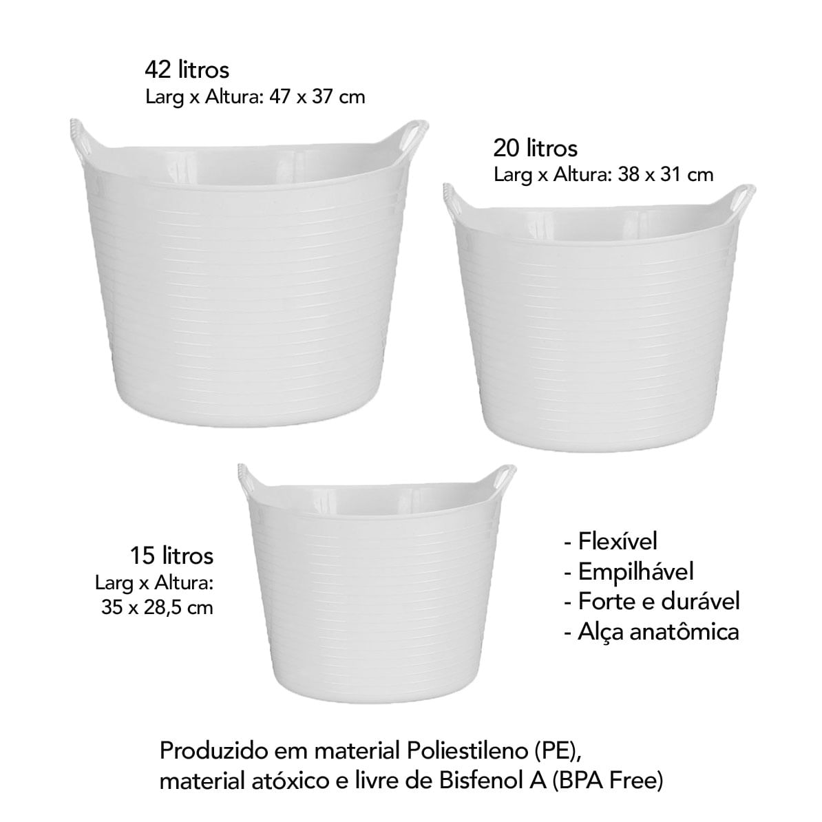 Balde Cesto Organizador Multiuso Branco Cestas 42L 20L e 15L