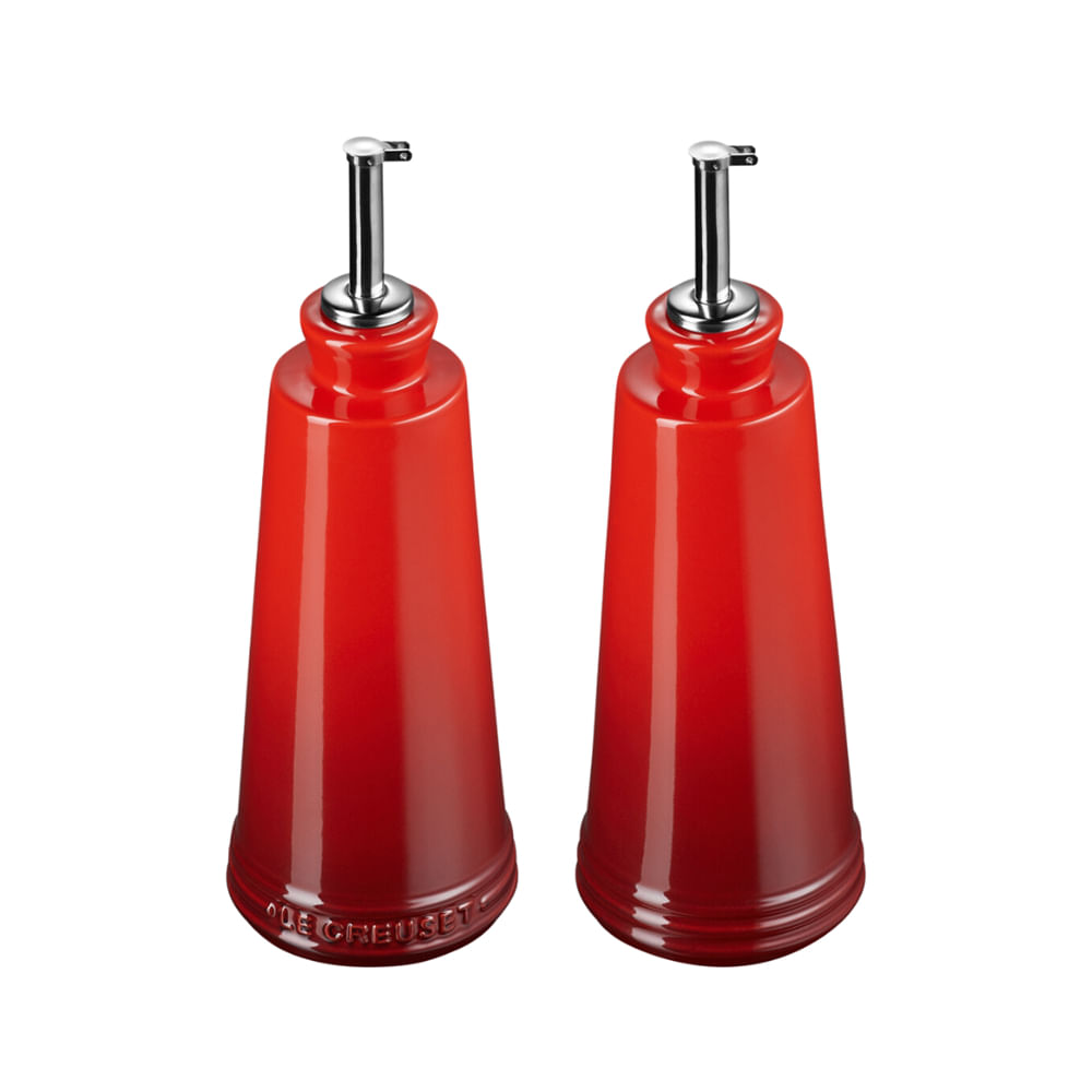 KIT LE CREUSET PRATO PARA APERITIVO GALHETEIRO ÓLEO E VINAGRE 300ML SIGNATURE VERMELHO