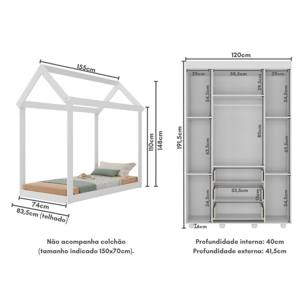 Cama Infantil Montessoriana Para Colchão 150x70cm Com Guarda-roupas Pimpolho Multimóveis Mx4279 Branco