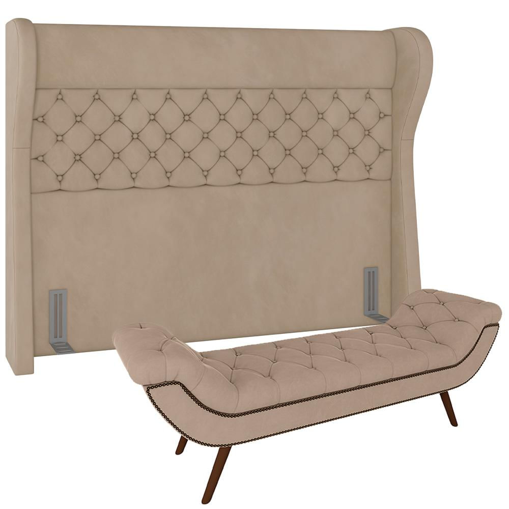 Kit Cabeceira Cama Box Casal 195 cm Madrid com Puff Recamier Santorini Veludo Bege - Lyam Decor