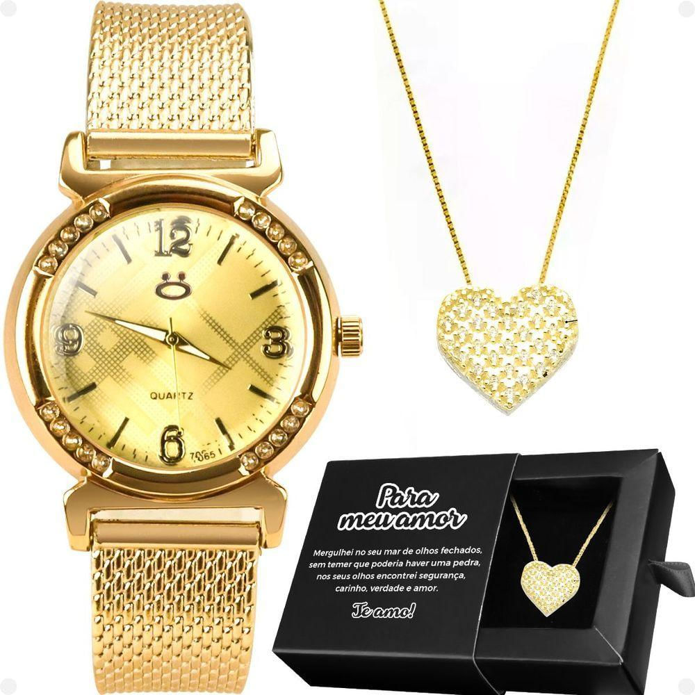 Relogio Feminino Aço Dourado + Colar Coração Amor + Caixa Inoxidável Presente Social Moda Casual