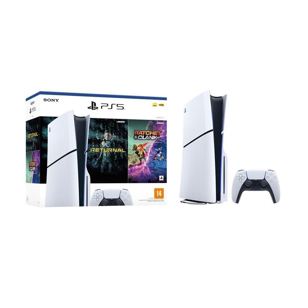 Playstation 5 Sony Slim, Ssd 1tb, Controle Sem Fio Dualsense, Com Mídia Física, Branco + Jogos Returnal E Ratchet & Clank