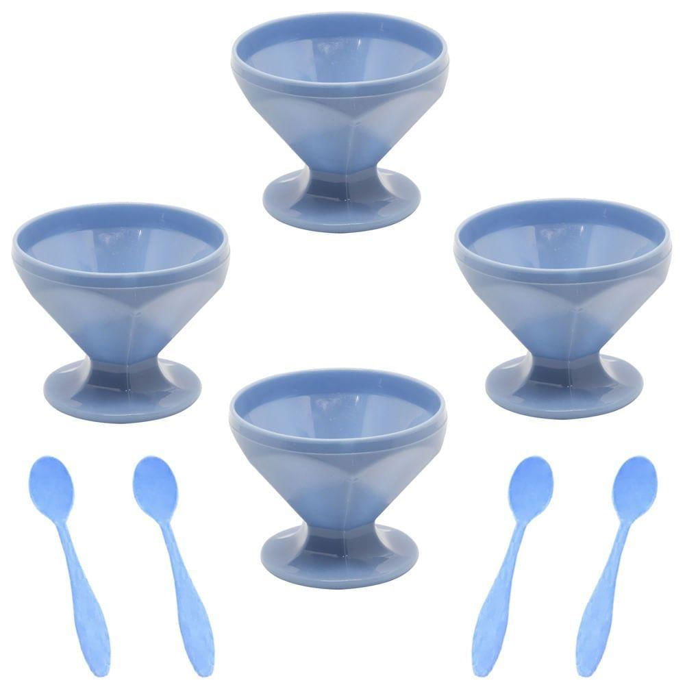 Kit Taça De Sobremesa Com 4 Taças De Sobremesa 150ml + 4 Colheres Azul Em Polipropileno Linha Tendências Vem