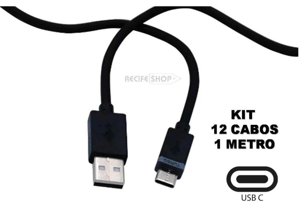 Kit 12 Cabos USB Tipo C 1 Metro Conectividade Completa para Todos os Dispositivos