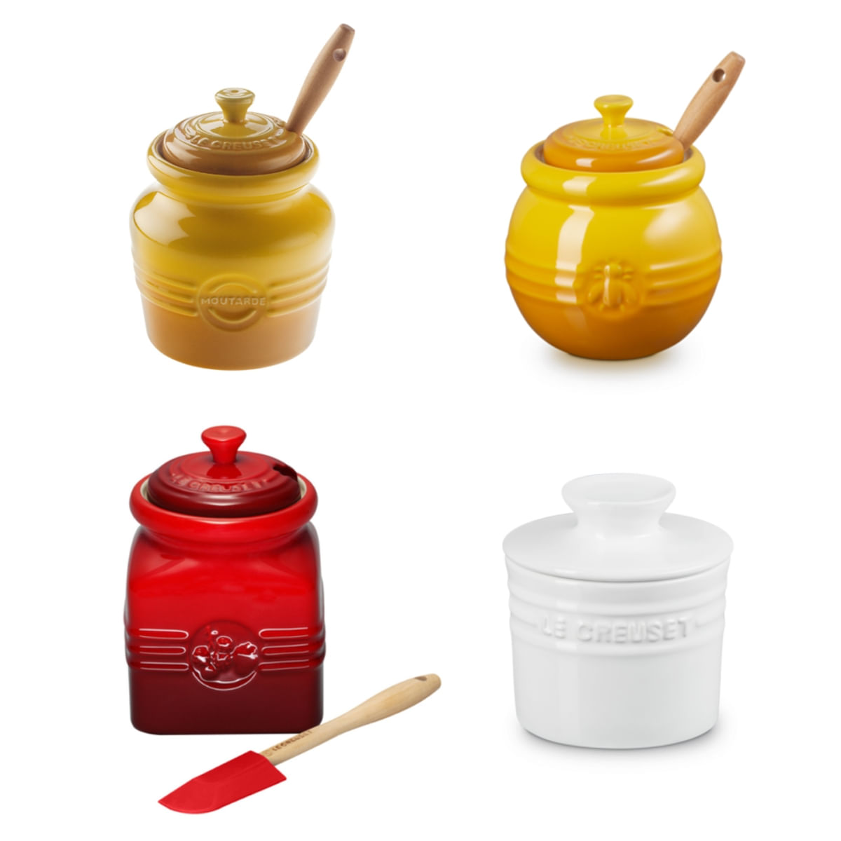 KIT LE CREUSET COLORIDO POTE MOSTARDA, GELÉIA, MEL AMARELO NÉCTAR, MANTEIGA