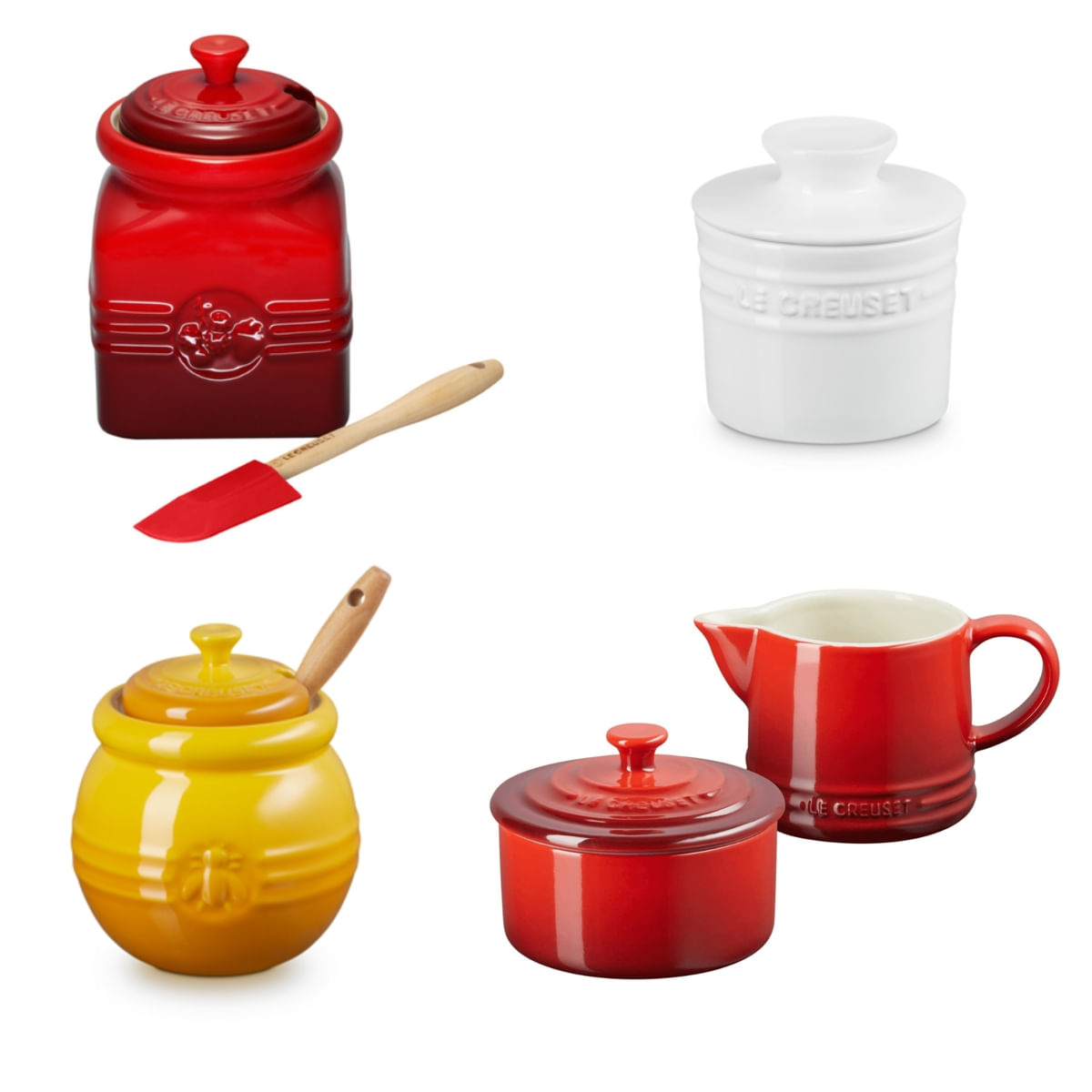 KIT LE CREUSET CONJUNTO CREME E AÇÚCAR VERMELHO + POTES DE GELÉIA VERMELHO, MEL AMARELO NÉCTAR, MANTEIGA