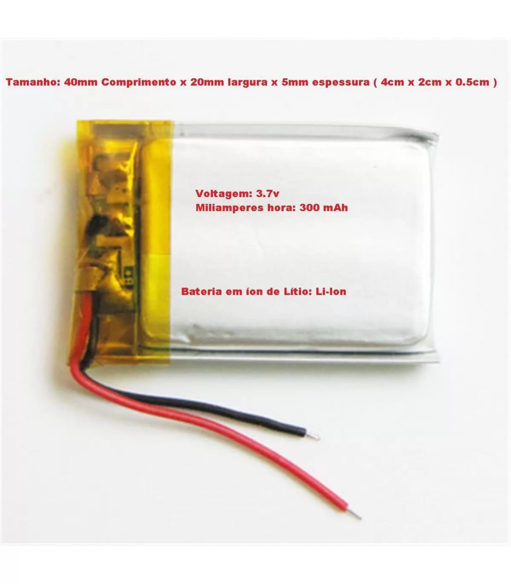 Bateria 3.7V 300Mah 2 Fios Recarregável Lítio Li-Ion Chata Linear