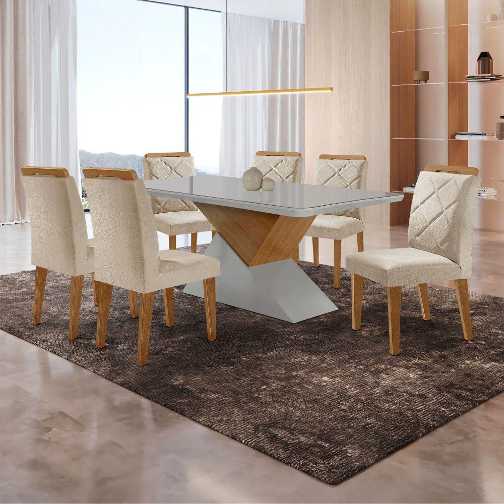 Mesa Sala De Jantar Aster 180cm E 6 Cadeiras Melissa Moderna Veludo Creme Off White Imbuia