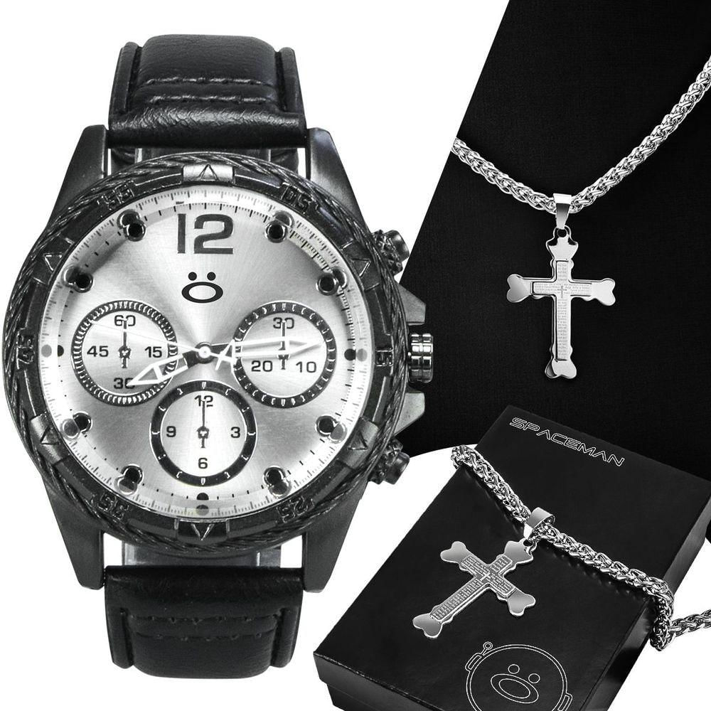 Relogio Masculino Preto Aço Inox + Corrente Cruz Prata Casual Original Grande Presente Social