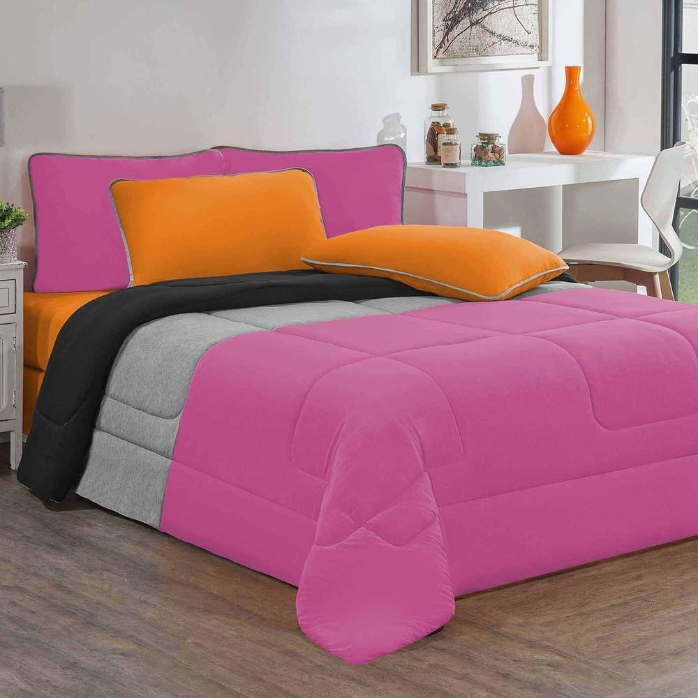 Kit Edredom + Jogo De Lençol 100% Algodão Urbano 6 Peças King Pink-mescla-laranja