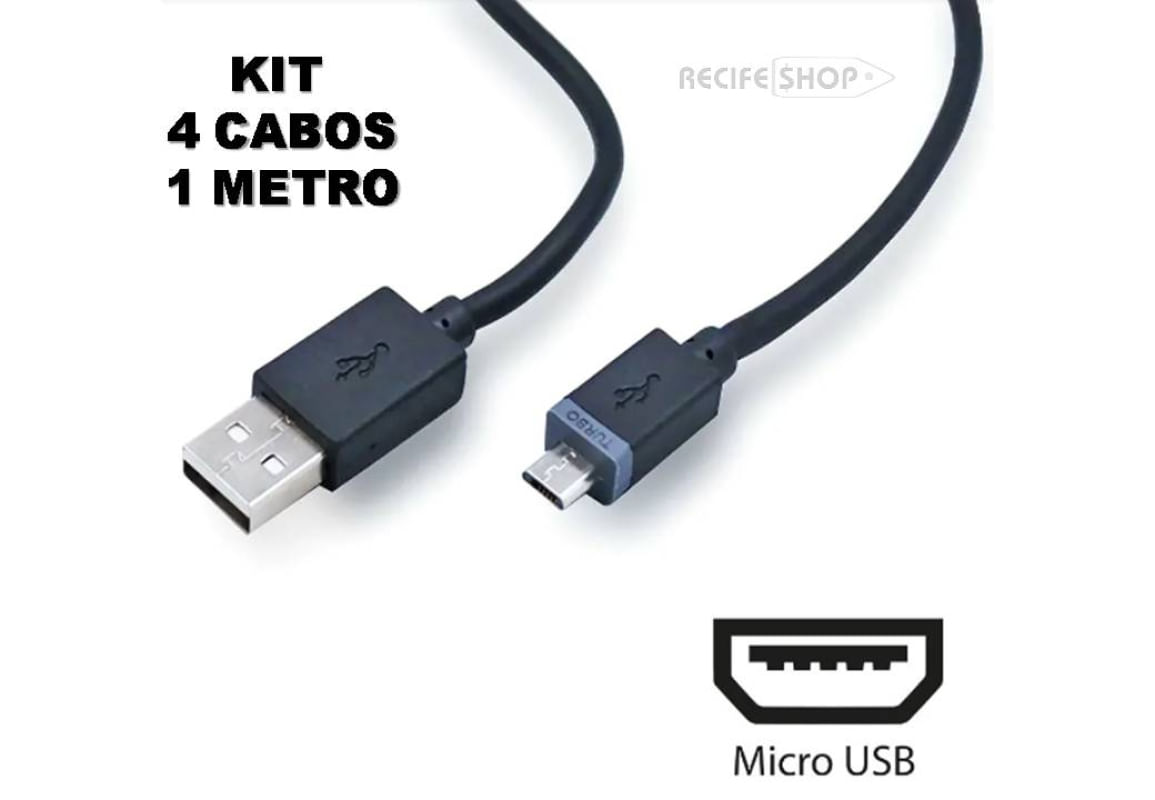 Kit com 4 Cabos USB Tipo V8 - Rápido, Resistente e Versátil