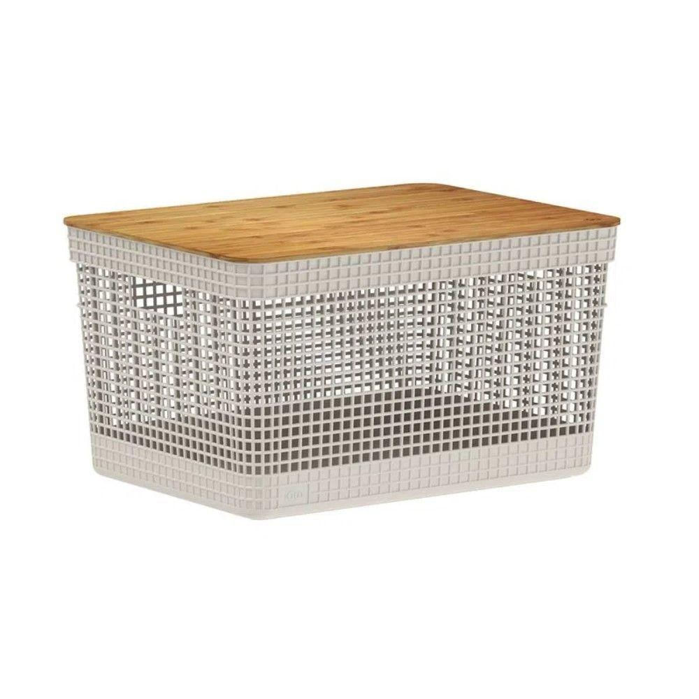 Cesto Organizador Grid Bege 20 L Com Tampa De Bambu 39 X 29 X 22,6 Cm