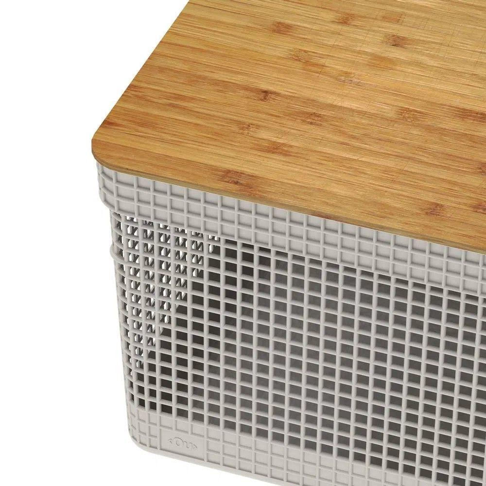 Cesto Organizador Grid Bege 20 L Com Tampa De Bambu 39 X 29 X 22,6 Cm