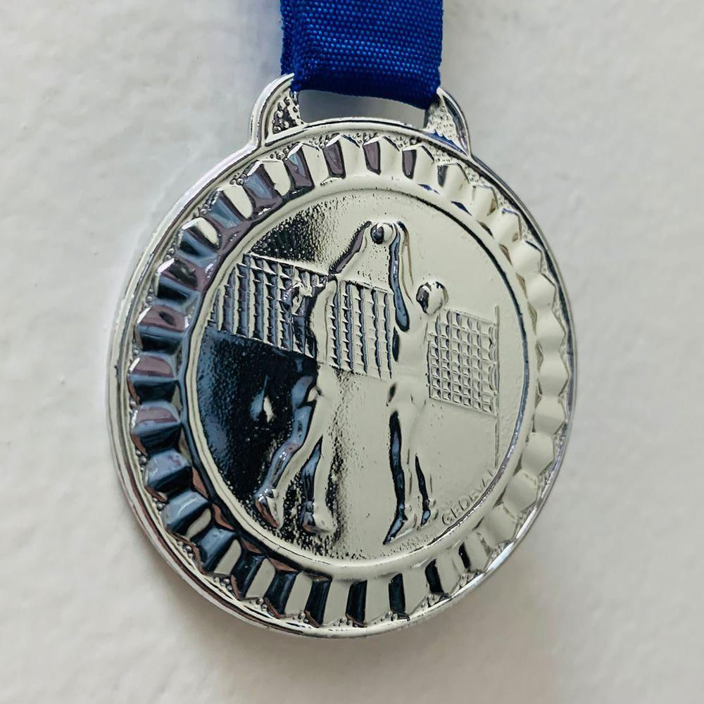 Kit 21un Medalhas De Metal Esporte Vôlei 4,5cm Com Fita Azul prata